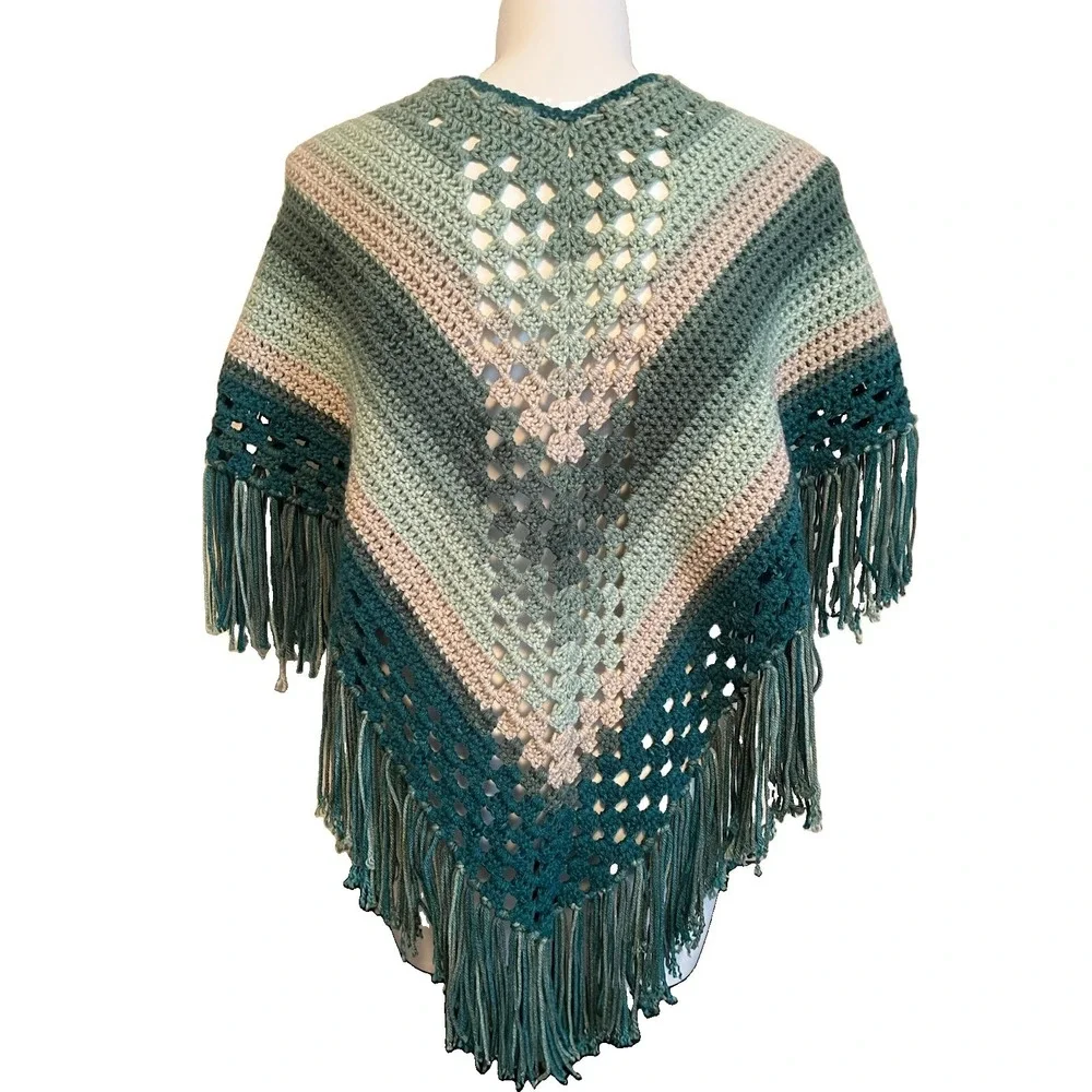 Vintage Handmade Crochet Poncho Fringe Boho Retro Hippie Festival Granny Core